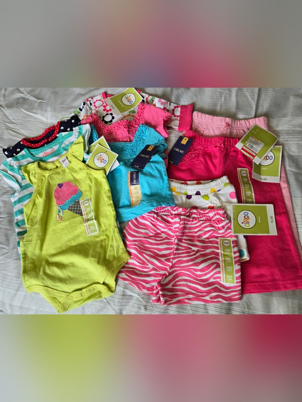Size 9 Month Lot Of Girls Onesies Shirts Shorts Pants Circo Cherokee NWT